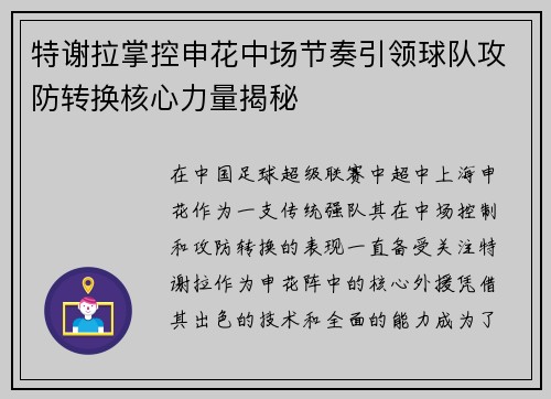 特谢拉掌控申花中场节奏引领球队攻防转换核心力量揭秘